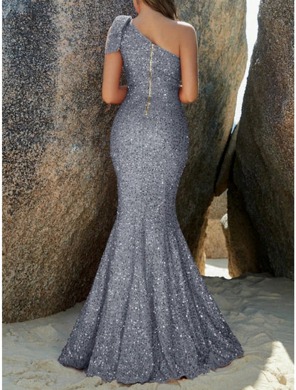 Mermaid Trumpet Evening Gown Sparkle Shine Dress Formal Fall Sweep Brush Train Sleeveless One Shoulder