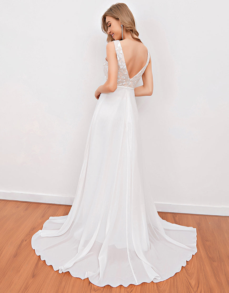 Luolandi Embroidery Wedding Dress V-neck Open Back Floor Length Beautiful