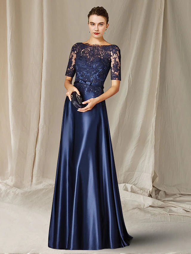 Luolandi A-Line Mother of the Bride Dress Plus Size Elegant Jewel Neck Floor Length Lace Charmeuse Short Sleeve with Bow(s)