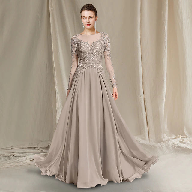 Luolandi A-Line Mother of the Bride Dress Luxurious Elegant Jewel Neck Floor Length Chiffon Lace Long Sleeve with Appliques