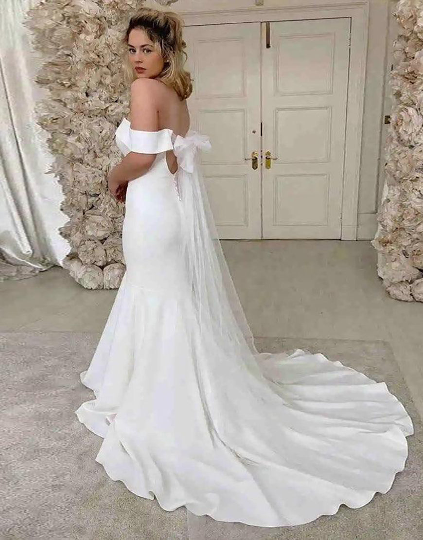 Luolandi Off the Shoulder Court Train Long Bridal Dress Pure Color Wedding Dresses