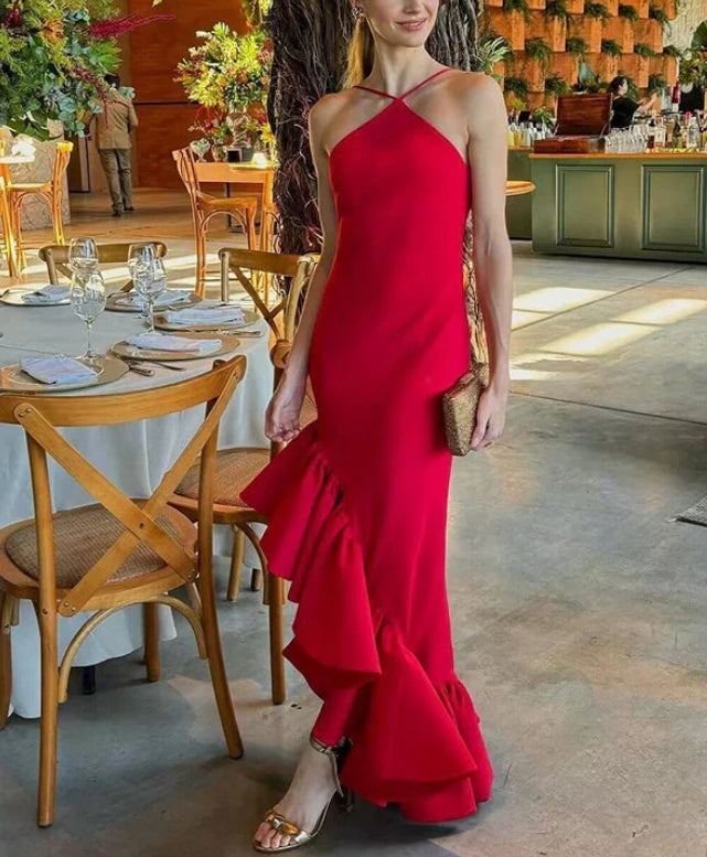 Luolandi Sexy Red Halter Backless Ruffles Evening Party Dress Simple Elegant Formal Dress