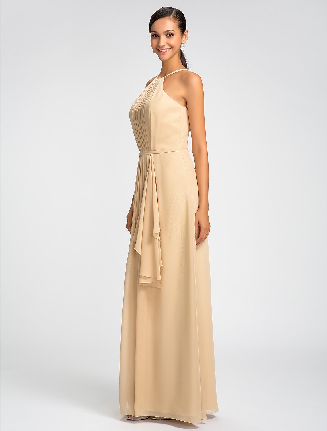 Luolandi Sheath High Neck Floor Length Chiffon Bridesmaid Dress with Draping