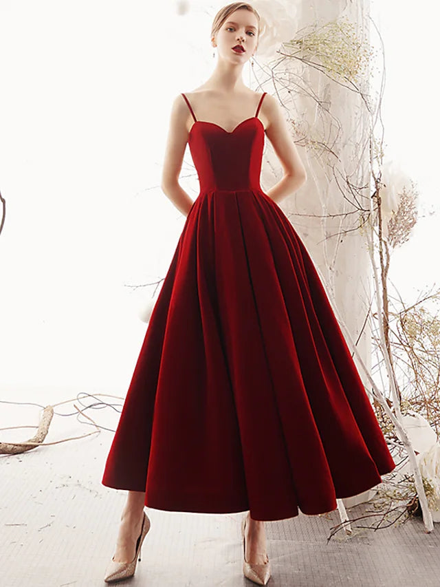 Luolandi A-Line Prom Dresses Beautiful Back Dress Party Wear Ankle Length Sleeveless Spaghetti Strap Velvet with Sleek