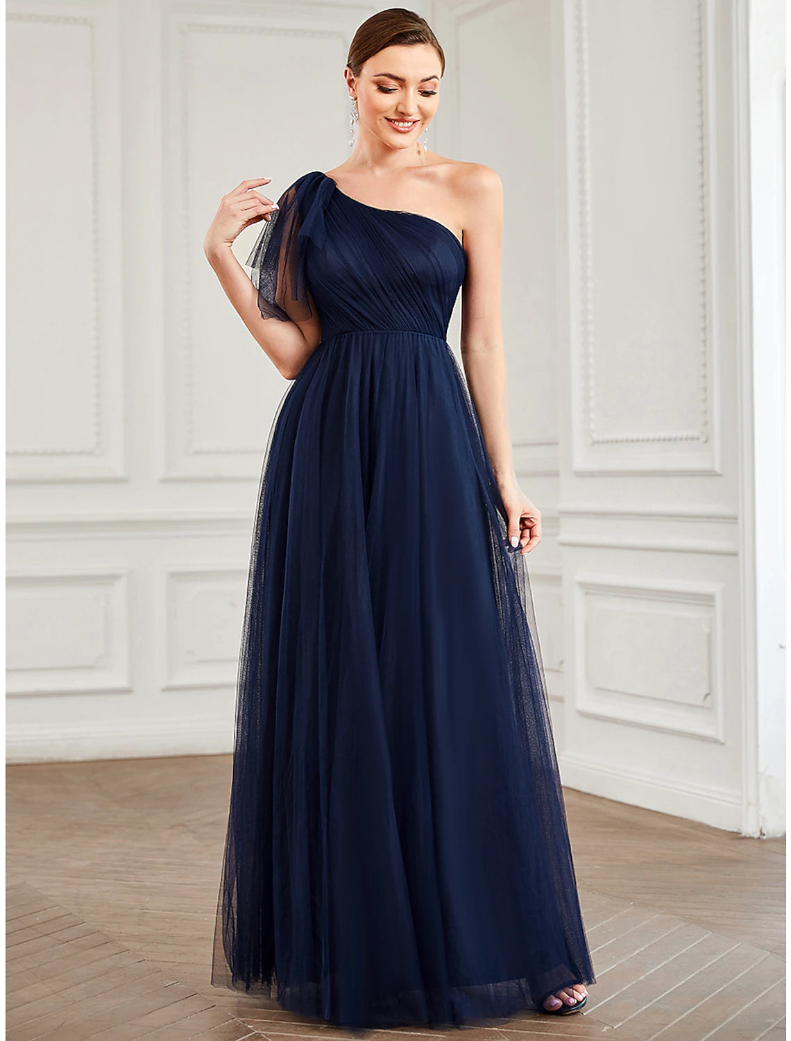 Luolandi A-Line Party Dresses Minimalist Dress Quinceanera Floor Length Sleeveless One Shoulder Tulle with Flower