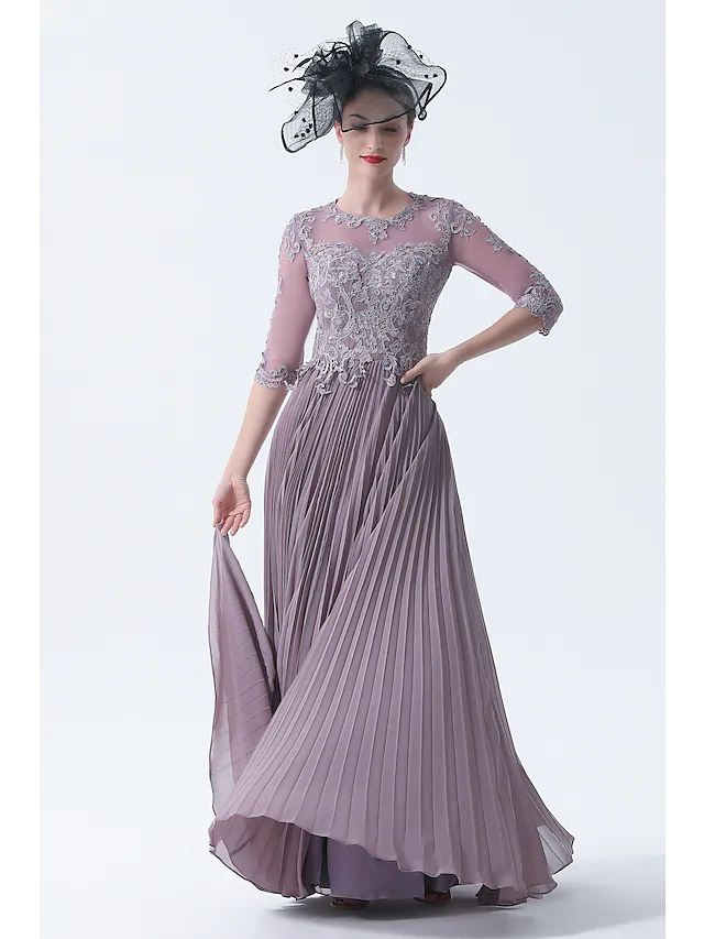 Luolandi A-Line Mother of the Bride Dress Plus Size Elegant See Through Bateau Neck Chiffon Lace Half Sleeve with Appliques