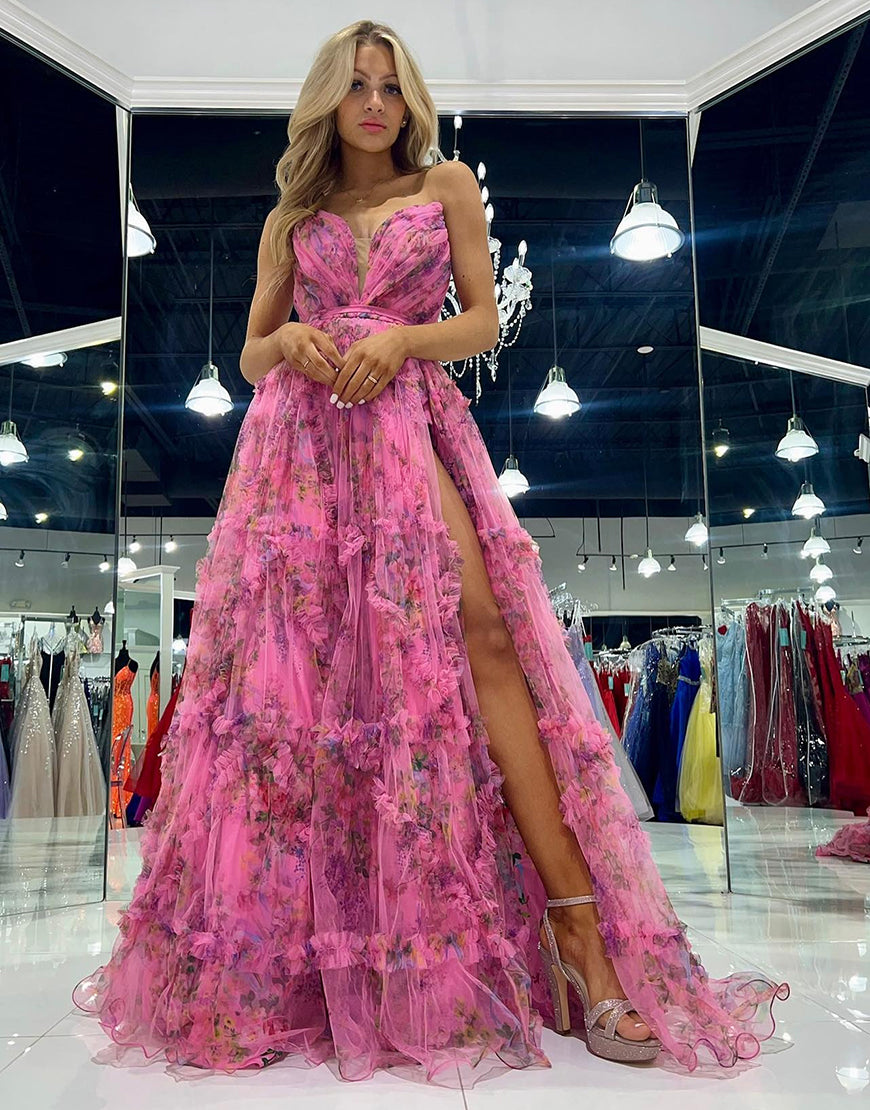 Luolandi Fuchsia Sweetheart Off The Shoulder A-Line Prom Dress With Slit Sexy