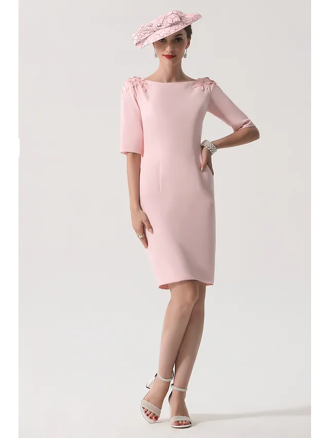 Luolandi Mother of the Bride Dress Elegant Jewel Neck Knee Length Satin Half Sleeve with Appliques Excluding Hat