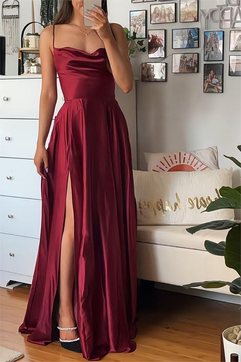Luolandi A Line Spaghetti Straps Burgundy Long Prom Dress with Split Front Sexy Evening Party Dress