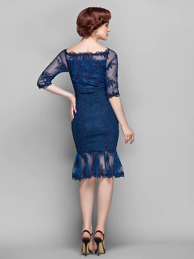 Luolandi Mother of the Bride Dress Vintage Inspired Off Shoulder Knee Length Chiffon Tulle Half Sleeve with Appliques