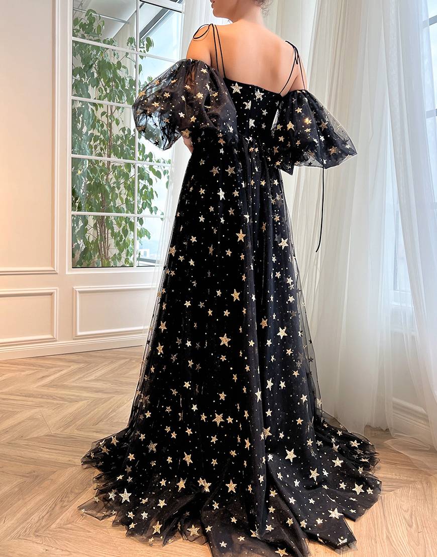 Luolandi Side Slit Black Prom Dress with Stars Floor Length Sexy Charming Evening Dress