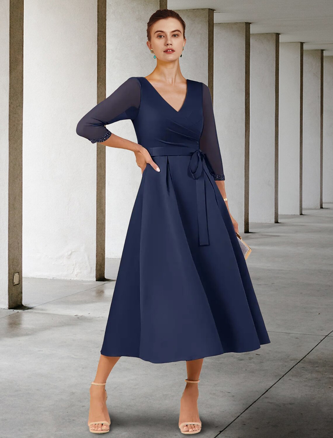 Luolandi A-Line Mother of the Bride Dress Wedding Guest Elegant Petite V Neck Tea Length Chiffon 3/4 Length Sleeve with Bow(s)