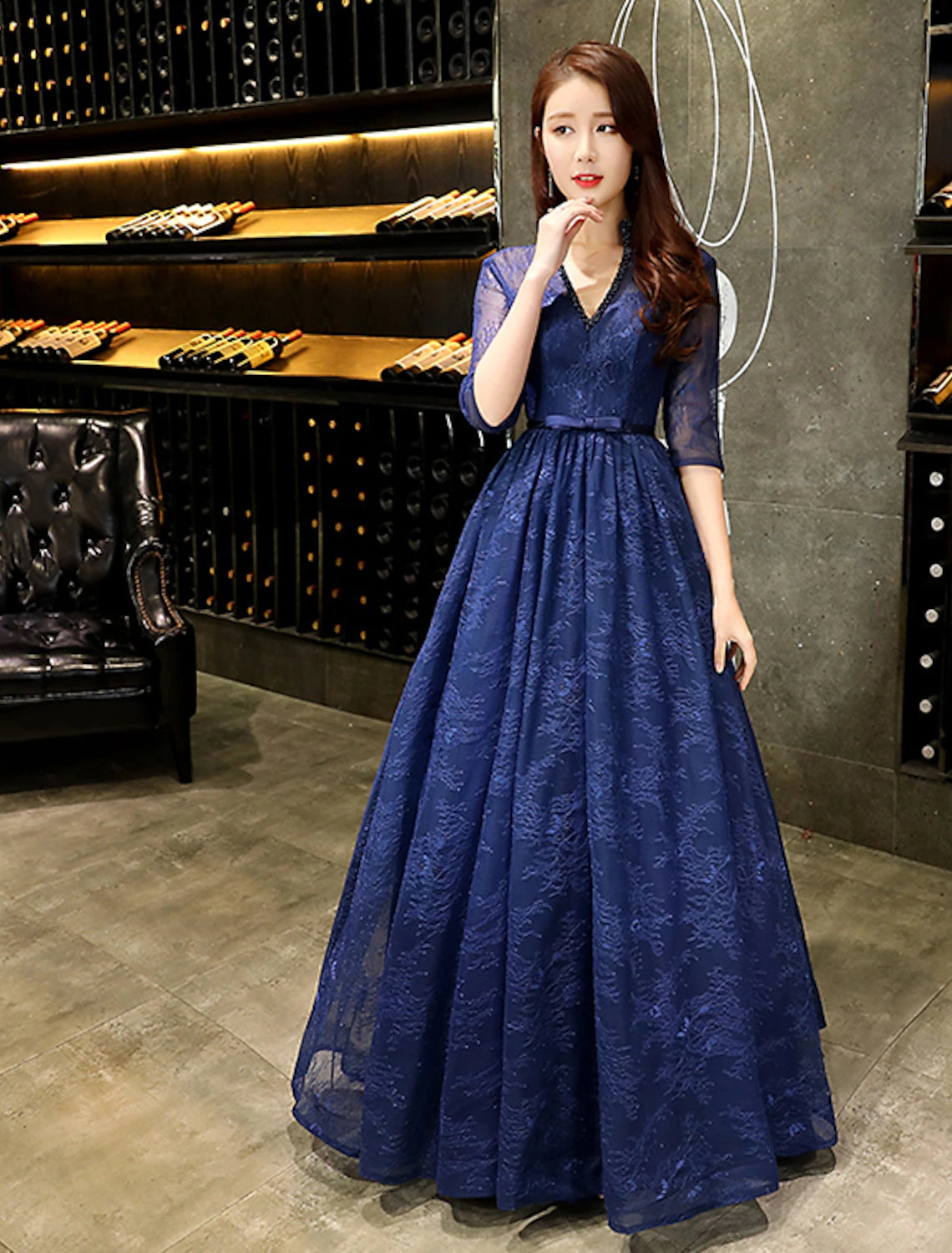 Luolandi A-Line Evening Gown Beautiful Back Dress Wedding Guest Floor Length Half Sleeve V Neck Lace