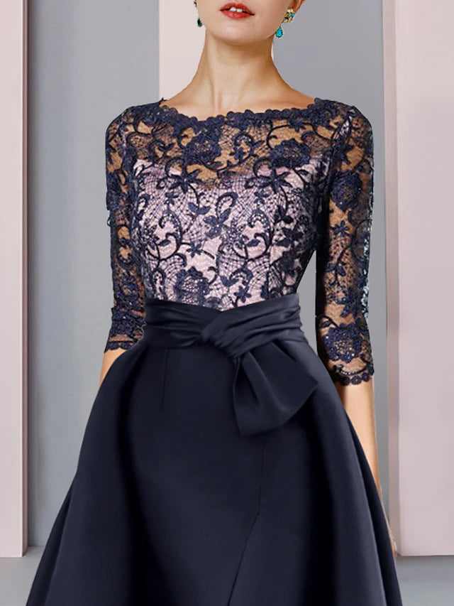 Luolandi Sheath / Column Mother of the Bride Dress Formal Party Elegant Scoop Neck Sweep / Brush Train Satin Lace Half Sleeve with Bow(s)