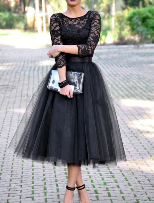 A-Line Cocktail Black Dress Vintage Dress Halloween Ankle Length 3/4 Length Sleeve Jewel Neck Fall Wedding Guest Tulle with Pleats Lace