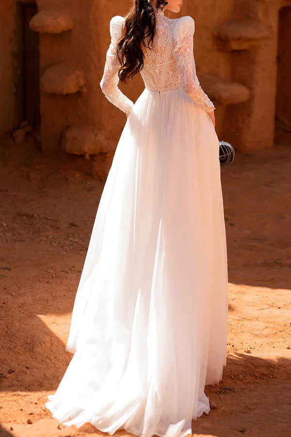 Luolandi A Line Muslim high necked lace long sleeved retro wedding dress Beautiful