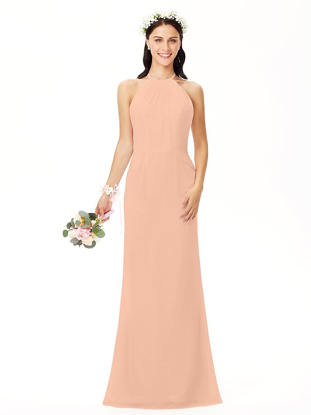 Luolandi Sheath / Column Bridesmaid Dress Jewel Neck Sleeveless Elegant Floor Length Chiffon