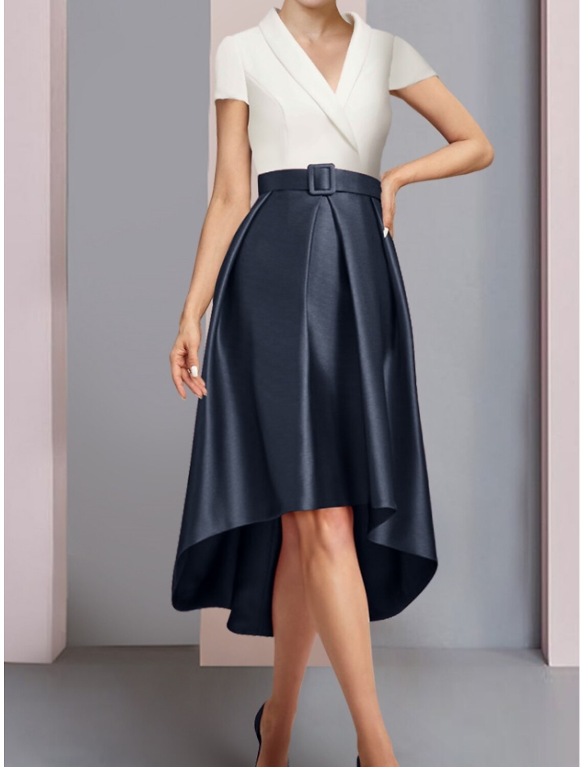 Luolandi A-Line Mother of the Bride Dress Wedding Guest Elegant Petite V Neck Asymmetrical Satin Short Sleeve