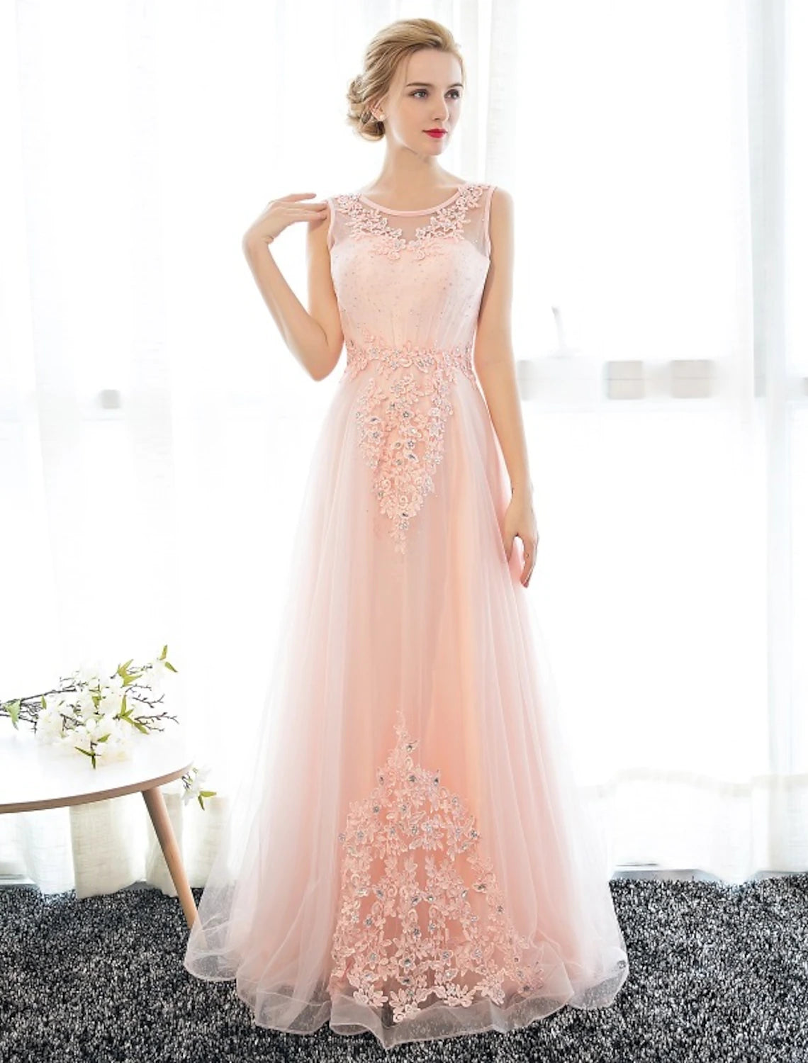 Luolandi Sheath / Column Dress Wedding Guest Floor Length Sleeveless Illusion Neck Satin with Crystals