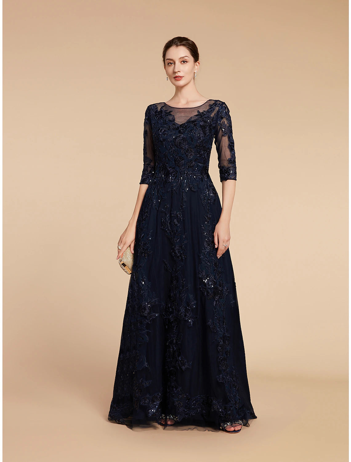 Luolandi A-Line Mother of the Bride Dress Formal Wedding Guest Elegant Party Scoop Neck Floor Length Chiffon Lace 3/4 Length Sleeve with Sequin