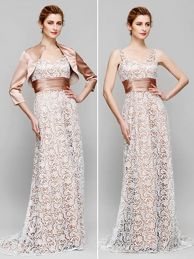 Luolandi Mother of the Bride Dress Convertible Dress Straps Lace Charmeuse Length Sleeve with Lace Ruched Champagne