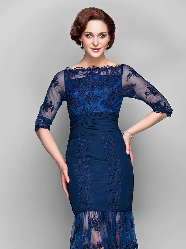 Luolandi Mother of the Bride Dress Vintage Inspired Off Shoulder Knee Length Chiffon Tulle Half Sleeve with Appliques