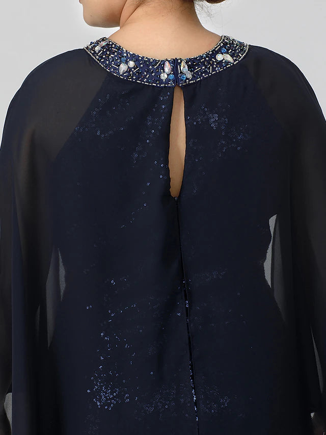 Luolandi Mermaid / Trumpet Mother of the Bride Dress Formal Chic & Modern Glamorous & Dramatic Plus Size Jewel Neck Floor Length Chiffon Sequined 3/4 Length Sleeve No with Crystals