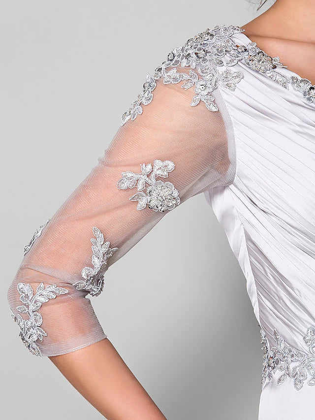 Luolandi A-Line Mother of the Bride Dress V Neck Sweep / Brush Train Satin Chiffon 3/4 Length Sleeve with Criss Cross Beading