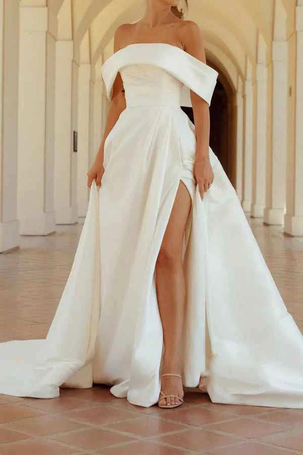 Luolandi Satin A-shaped off shoulder pleated side slit wedding dress Ivory Sexy