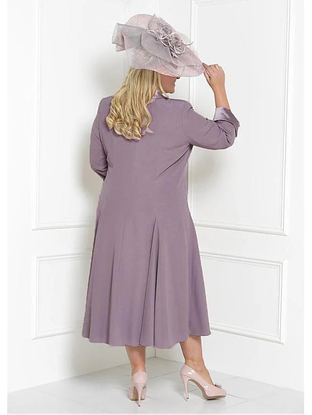 Luolandi Two Piece Sheath / Column Mother of the Bride Dress Church Plus Size Wrap Included Square Neck Tea Length Charmeuse 3/4 Length Sleeve with Sash / Ribbon