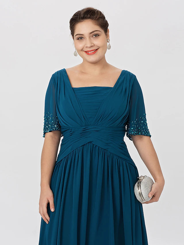 Luolandi Ball Gown A-Line Mother of the Bride Dress Formal Classic & Timeless Elegant & Luxurious Plus Size Square Neck Floor Length Chiffon Short Sleeve No with Pleats
