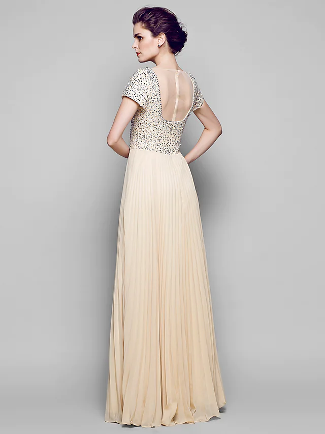 Luolandi A-Line Mother of the Bride Dress Bateau Neck Floor Length Short Sleeve Wedding Guest Dress