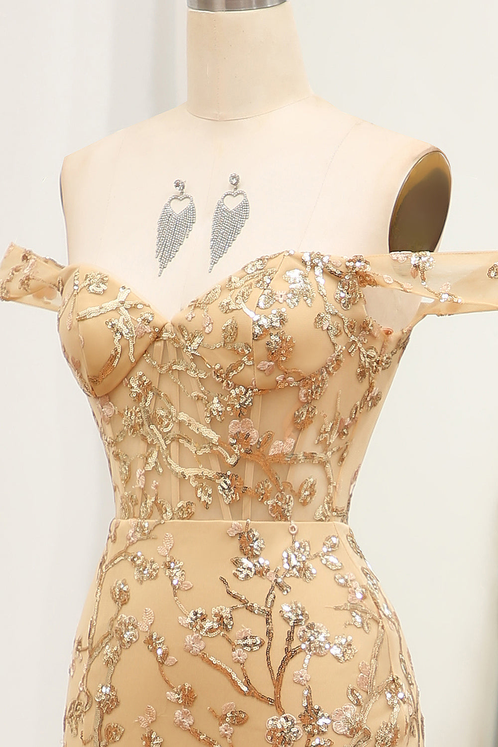 Luolandi Mermaid Off The Shoulder Golden Long Beaded Prom Dress With Slit Sexy Evening Dress