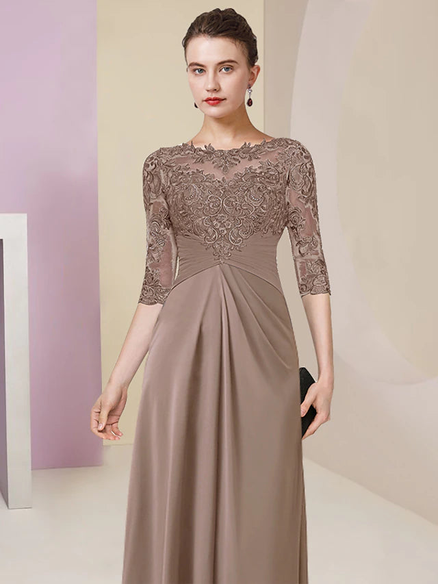 Luolandi Sheath / Column Mother of the Bride Dress Simple Elegant Jewel Neck Floor Length Chiffon Lace Half Sleeve with Pleats