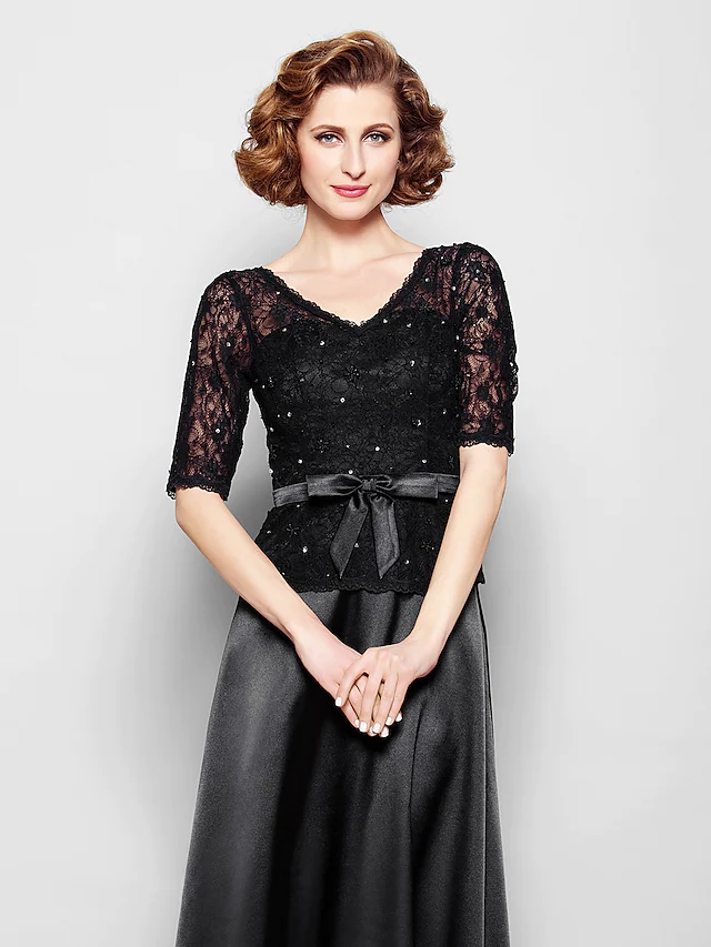 Luolandi Mother of the Bride Dress Elegant V Neck Floor Length Lace Satin Half Sleeve with Lace Bow(s)