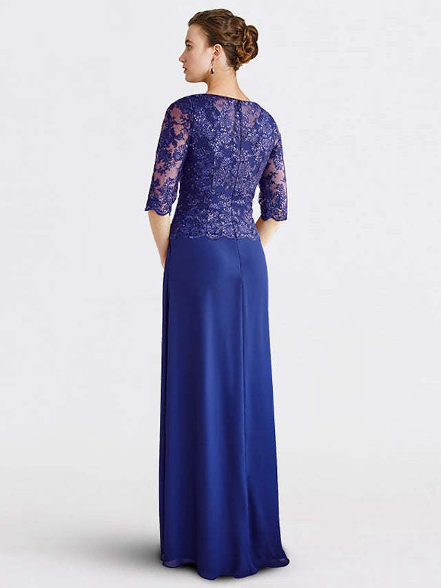 Luolandi Sheath / Column Mother of the Bride Dress Plus Size Elegant Jewel Neck Floor Length Chiffon Lace Half Sleeve with Sequin