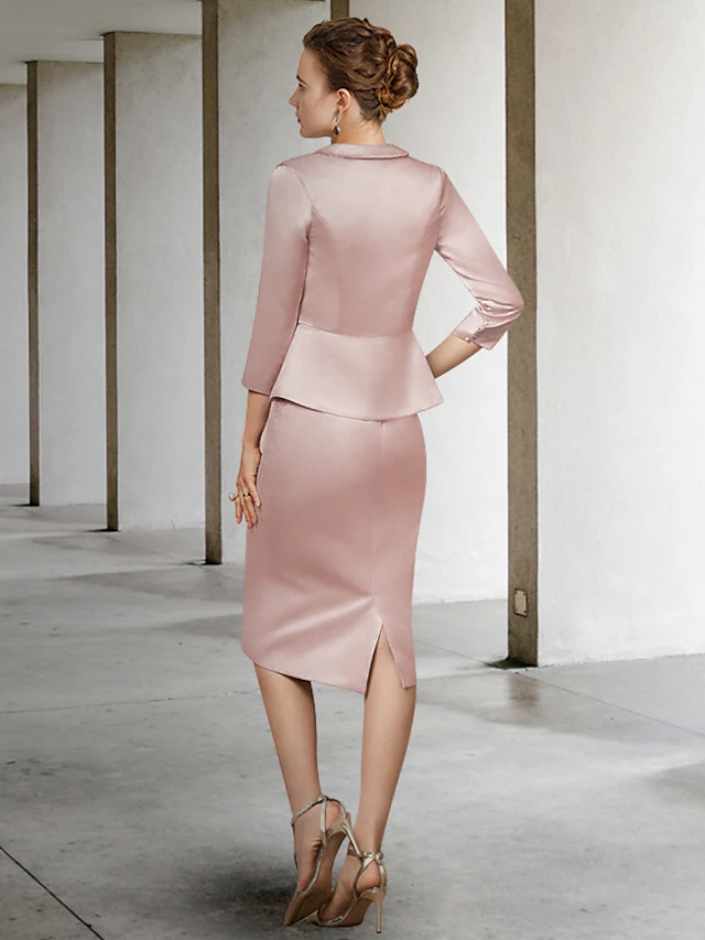 Luolandi Mother of the Bride Dress Elegant Jewel Neck Knee Length Lace Satin Length Sleeve with Appliques Dusty Rose