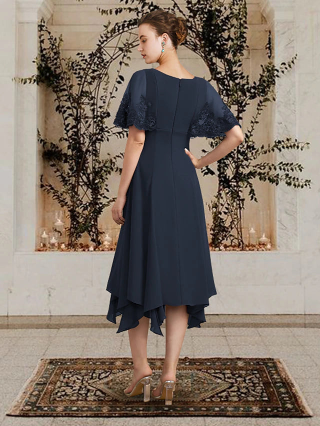 Luolandi A-Line Mother of the Bride Dress Plus Size Elegant High Low V Neck Asymmetrical Tea Length Chiffon Lace Sleeveless