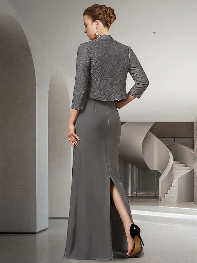 Luolandi Mother of the Bride Dress Elegant Jewel Neck Floor Length Chiffon Lace Half Sleeve with Appliques Solid Color