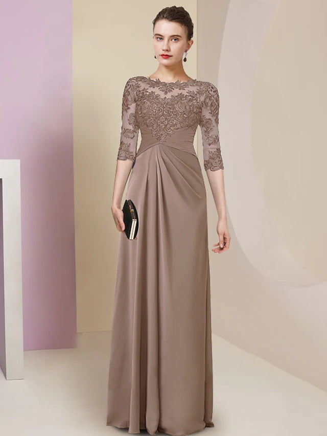 Luolandi Sheath / Column Mother of the Bride Dress Simple Elegant Jewel Neck Floor Length Chiffon Lace Half Sleeve with Pleats