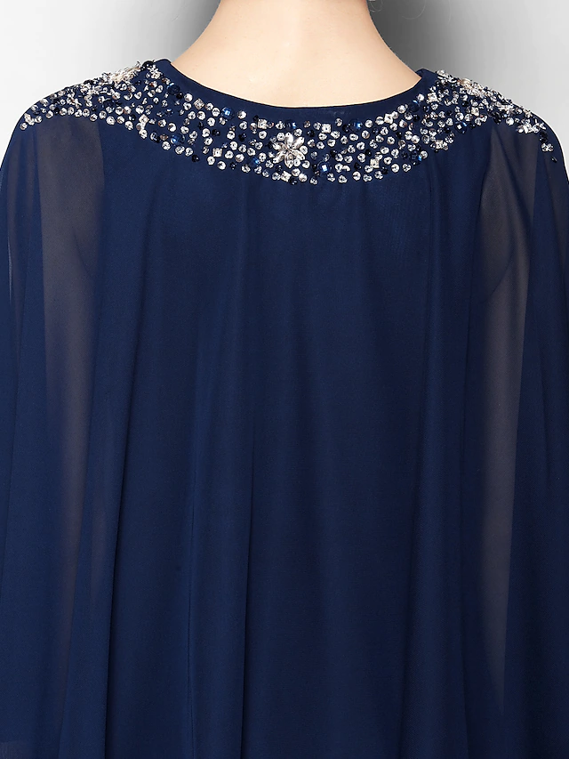 Luolandi Mother of the Bride Dress V Neck Tea Length Chiffon 3/4 Length Sleeve with Crystals Beading Dark Navy