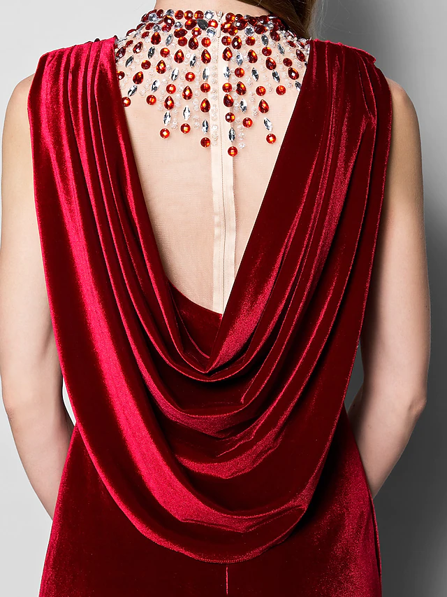 Luolandi Mother of the Bride Dress Cowl Neck Floor Length Velvet Sleeveless with Crystals Beading Burgundy