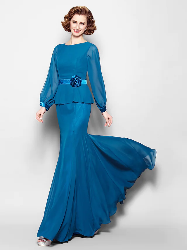 Luolandi Mother of the Bride Dress Vintage Inspired Jewel Neck Floor Length Chiffon Long Sleeve with Flower