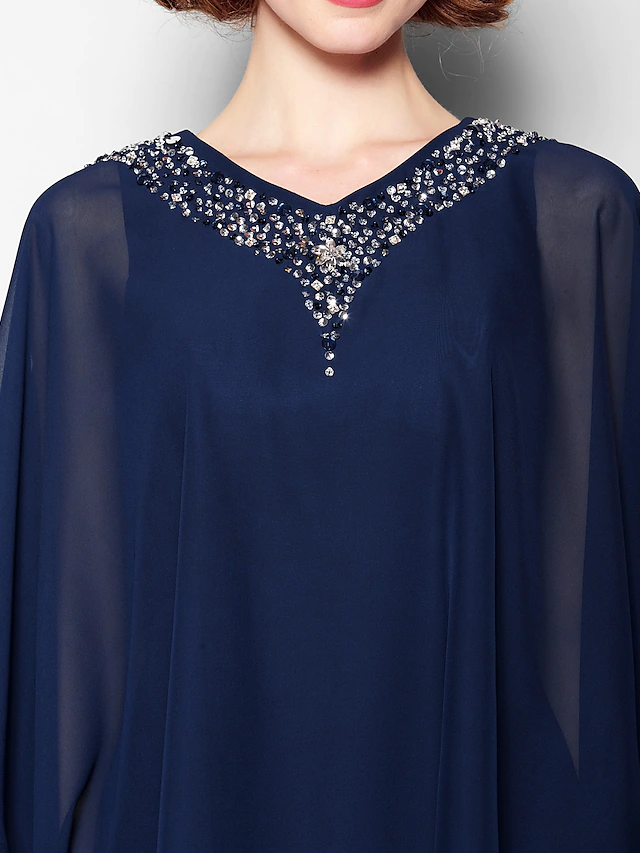 Luolandi Mother of the Bride Dress V Neck Tea Length Chiffon 3/4 Length Sleeve with Crystals Beading Dark Navy