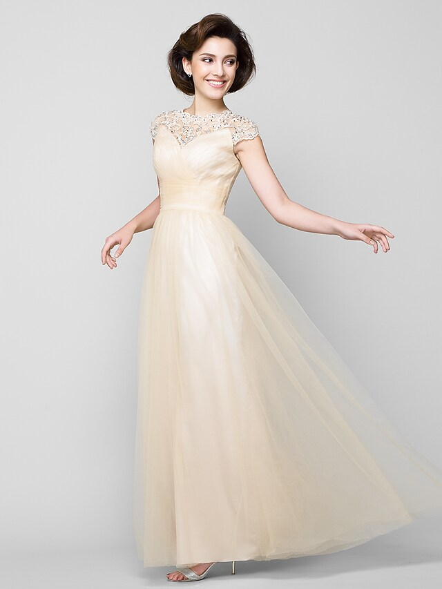 Luolandi A-Line Mother of the Bride Dress See Through Jewel Neck Floor Length Tulle Sleeveless with Beading Champagne