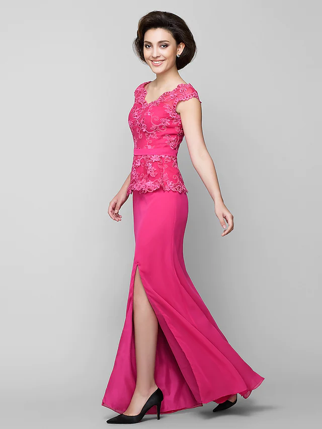 Luolandi Mother of the Bride Dress Furcal V Neck Floor Length Chiffon Lace Sleeveless with Lace Ruched Fuchsia