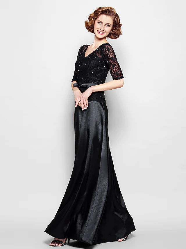 Luolandi Mother of the Bride Dress Elegant V Neck Floor Length Lace Satin Half Sleeve with Lace Bow(s)