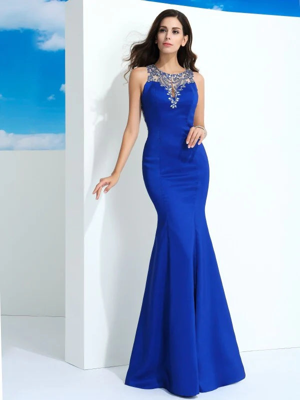 Luolandi Sheath/Column Sheer Neck Beading Sleeveless Long Satin Dresses Sexy