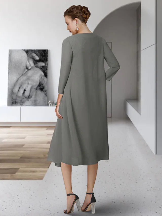 Luolandi Mother of the Bride Dress Elegant Jewel Neck Tea Length Chiffon Lace Sleeveless with Appliques Charcoat Gray