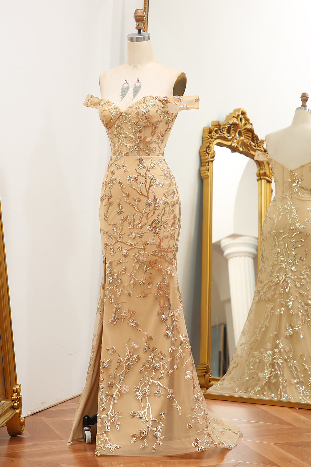 Luolandi Mermaid Off The Shoulder Golden Long Beaded Prom Dress With Slit Sexy Evening Dress